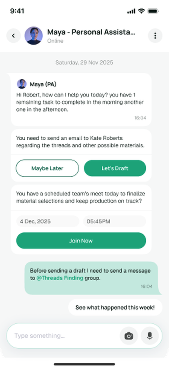 Maya app — the personal assistant surfacing today's tasks, drafting an email and joining a scheduled meeting