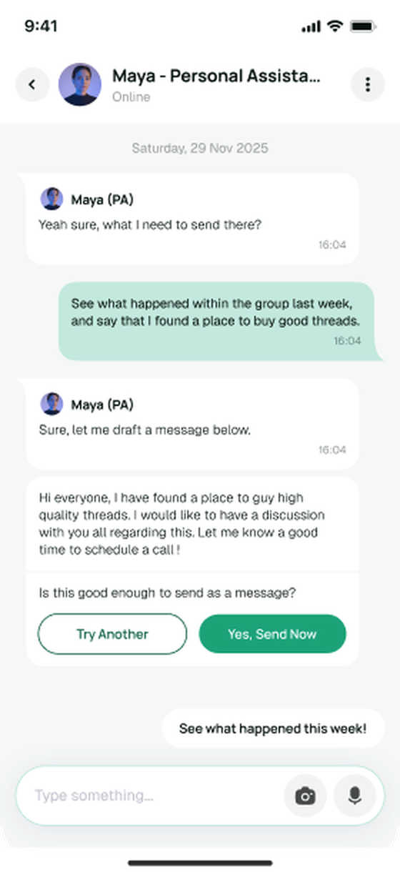 Maya app — the assistant drafting a group message with full context, ready to send