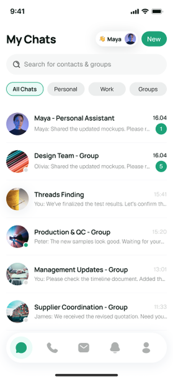 Maya app — My Chats screen with personal, work and group conversations in one place